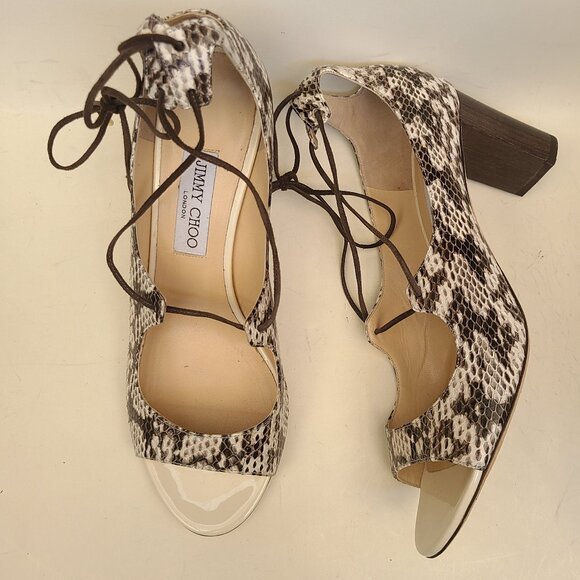 Jimmy Choo Ivory/Brown Snakeskin Open Toe Sandals Pumps Lace Up EU 40.5 - Picture 1 of 16